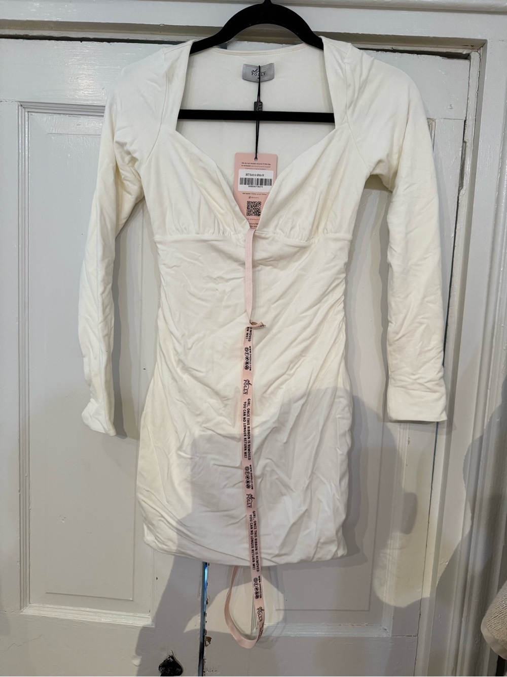 Oh Polly Ivory Dress with Black Trim and Pink Tag